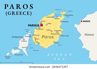 Paros, Greek island, political map. Island of Greece in the Aegean Sea, west of Naxos, and part of the Cyclades. With the islands Antiparos, Despotiko and Stroggyli in the west. Illustration. Vector.