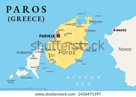 Paros, Greek island, political map. Island of Greece in the Aegean Sea, west of Naxos, and part of the Cyclades. With the islands Antiparos, Despotiko and Stroggyli in the west. Illustration. Vector. Foto stock © 