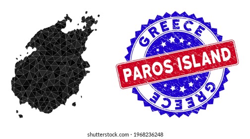 Paros Island map polygonal mesh with filled triangles, and unclean bicolor stamp. Triangle mosaic Paros Island map with mesh vector model, triangles have various sizes, and positions, and color hues.