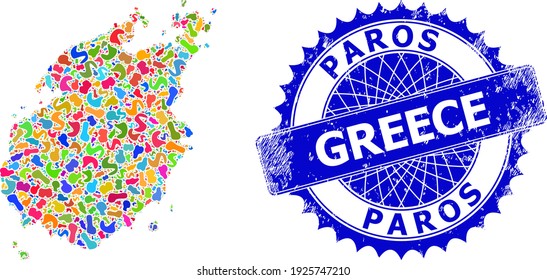 Paros Island map vector image. Spot pattern map and rubber stamp for Paros Island. Sharp rosette blue stamp with text for Paros Island map.