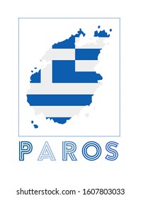 Paros Logo. Map of Paros with island name and flag. Vibrant vector illustration.