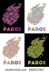 Paros map. Collection of maps of Paros in dotted style. Borders of the island filled with rectangles for your design. Vector illustration.