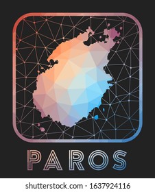 Paros map design. Vector low poly map of the island. Paros icon in geometric style. The island shape with polygonal gradient and mesh on dark background.