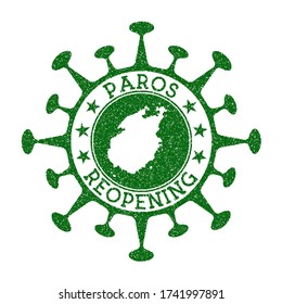 Paros Reopening Stamp. Green round badge of island with map of Paros. Island opening after lockdown. Vector illustration.