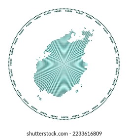 Paros round logo. Digital style shape of Paros in dotted circle with island name. Tech icon of the island with gradiented dots. Classy vector illustration.