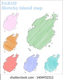 Paros sketchy island map. Exceptional hand-drawn illustration in a childish style.