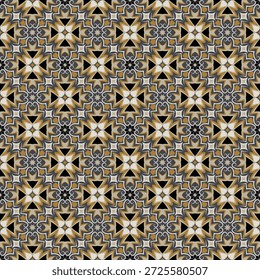 Parquet art seamless pattern in mustard tones. Overlapping art forms, stripes, polygons, segments are grouped and arranged in a certain order. Vector. 