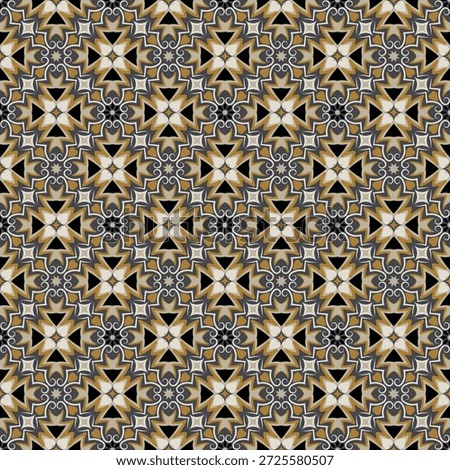 Parquet art seamless pattern in mustard tones. Overlapping art forms, stripes, polygons, segments are grouped and arranged in a certain order. Vector. 
