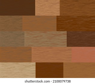 Parkettpappenstruktur aus verschiedenen, farbigen, fotorealistischen Holzmustern 