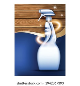Parquet Floor Cleaner Creative Promo Banner Vector. Wood Floor Delicate Care, Natural Shine And Gentle Cleaning Liquid Blank Sprayer Advertising Poster. Style Color Concept Template Illustration