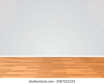 Parquet floor with gray wall. Minimalistic interior design background. Wooden desk, plank texture surface, natural brown desk, product presentation. Realistic living room. Vector concept