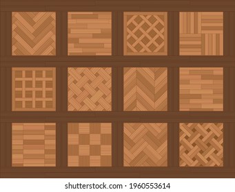 Parquet floor samples. Chart with common parquetry patterns, most familiar models and types, twelve wooden floor plates. Vector illustration.
