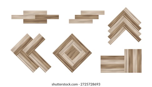 As tábuas de soalho do parquete são colocadas isoladas no fundo branco. Ilustração realista vetorial de madeira ou material de folheado para o projeto do piso vintage, laminado marrom claro natural para decoração de interiores