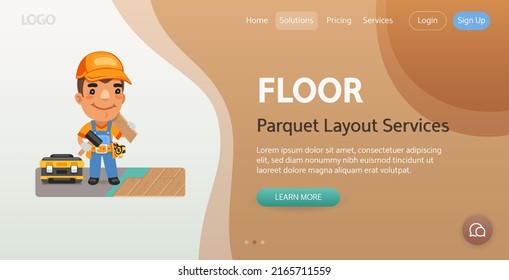 Parquet Layout Services website template. Illustration of a cartoon worker in the room. Composition with a professional. Flat male character.