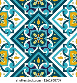 Parquet mexican tile pattern vector seamless with floral motifs. Portuguese azulejos, mexico talavera, spanish ceramic or italian sicily majolica. Mosaic texture for kitchen wall or bathroom floor.