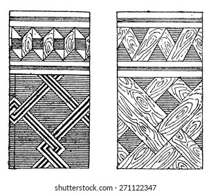 Parquet and mosaic marquetry, vintage engraved illustration. Industrial encyclopedia E.-O. Lami - 1875.