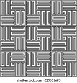 Parquet pattern. Basket weave motif. Braiding stripes ornament wallpaper. Seamless surface pattern design with black polygons. Digital paper for textile print, web designing. Ethnic embroidery art.