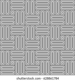 Parquet pattern. Basket weave motif. Braiding stripes ornament wallpaper. Seamless surface pattern design with black polygons. Digital paper for textile print, web designing. Ethnic embroidery art.