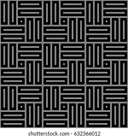 Parquet pattern. Basket weave motif. Braiding stripes ornament wallpaper. Seamless surface pattern design with black polygons. Digital paper for textile print, web designing. Ethnic embroidery art.