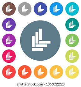 Parquet pattern flat white icons on round color backgrounds. 17 background color variations are included.