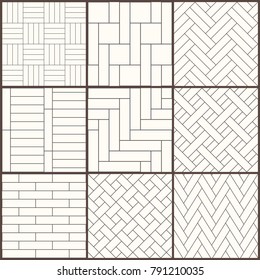 Parquet pattern. Seamless vector mosaic texture for wooden floor. Diagonal herringbone and straight templates. Set of black and white repeating tiles. Simple universal geometric patterns with cladding