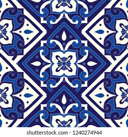 Parquet portuguese tile pattern vector seamless with floral motif. Portugal azulejo, mexican talavera, delft dutch, spanish mosaic or italian sicily majolica. Ceramic texture for kitchen or bathroom.