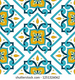Parquet portuguese tile pattern vector seamless with floral motifs. Portugal azulejos, mexican talavera, spanish mosaic or italian sicily majolica. Ceramic texture for kitchen floor or bathroom wall.