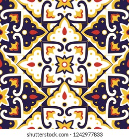 Parquet spanish tile pattern vector seamless with floral motifs. Portuguese azulejos, mexican talavera ceramic or italian sicily majolica. Mosaic texture for kitchen wall or bathroom floor.