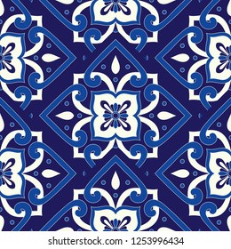 Parquet spanish tile pattern vector seamless with floral ornaments. Portuguese azulejos, mexican talavera, delft dutch ceramic or italian sicily majolica. Mosaic texture for kitchen or bathroom wall.