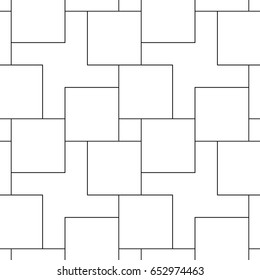 Parquet vector. White figures tessellation on black background. Seamless surface pattern design with polygons. Repeated blocks wallpaper. Mosaic motif. Digital paper for page fills, web designing.