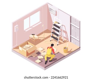 Parquet worker from flooring work service. Professional carpenter in yellow uniform installing wood parquet board in interior new room. House indoor renovation process. Isometric vector illustration