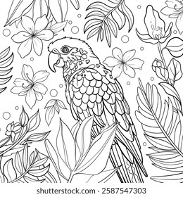 Parrot amongst tropical floral design, colouring page book design, vector outline.