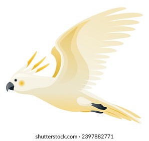 Animación loro. Exótico y adorable vuelo de personajes de fauna. Cerdo de azufre blanco. Volante de aves tropicales animadas