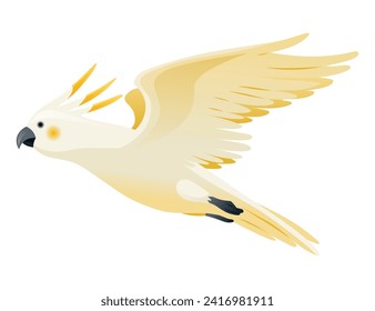 Animación loro. Exótico y adorable vuelo de personajes de fauna. Cerdo de azufre blanco. Volante de aves tropicales animadas