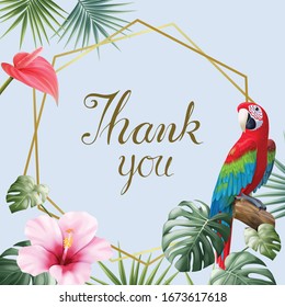 Parrot, Anthurium, Hibiscus, Monstera, Tropical leaves and Golden frame. Isolated on blue background. Vector illustration. Perfect for element, picture album, card, etc.