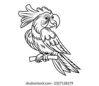 Parrot Ara. Parrot sitting on a branch. Illustration of a bird. Comic outline drawing, coloring for children. Vector. Close-up.