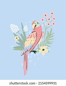 Parrot background with flowers and palm leaf. Cute illustration for girls, baby, or kids.