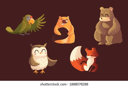 parrot bear beaver owl and fox wildlife cartoon animals brown background vector illustration