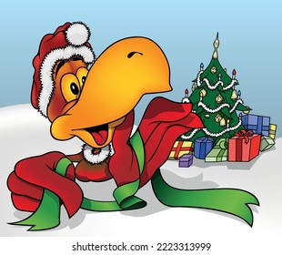 Parrot with a Big Beak Like Santa Claus with a Green Decorative Ribbon - Colored Cartoon Illustration with Background, Vector