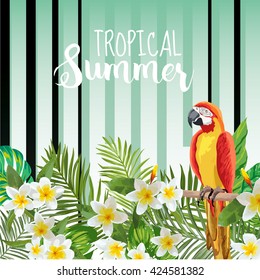 Parrot Bird Background. Retro Pattern. Tropical Flowers. Vector. Tropic Graphic Design. Template Brochure. Vintage.