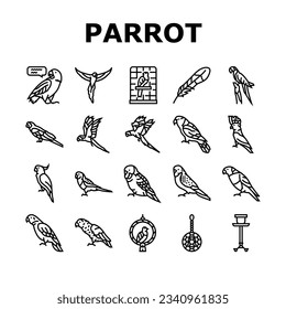 parrot bird blue animal tropical icons set vector. macaw blue, yellow wildlife, nature feather, red bright, wing wild, ara parrot bird blue animal tropical black contour illustrations