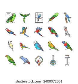 parrot bird blue animal tropical icons set vector. macaw blue, yellow wildlife, nature feather, red bright, wing wild, ara parrot bird blue animal tropical color line illustrations