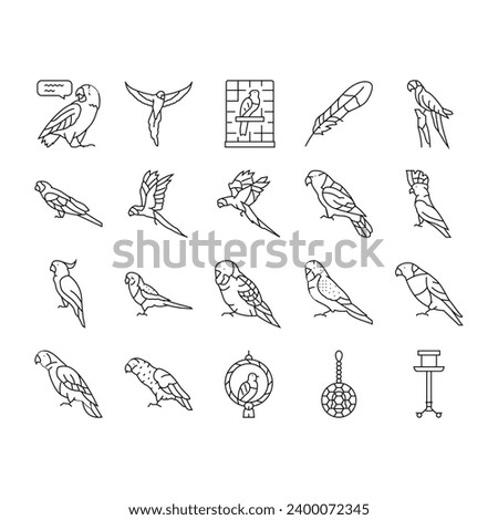 parrot bird blue animal tropical icons set vector. macaw blue, yellow wildlife, nature feather, red bright, wing wild, ara parrot bird blue animal tropical black contour illustrations