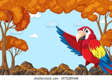 Parrot bird cartoon character in blank autumn forest scene illustration