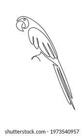 Parrot bird in continuous line art drawing style. Macaw parrot sitting minimalist black linear sketch isolated on white background. Vector illustration