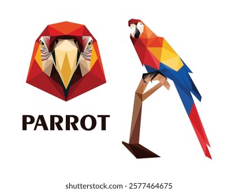 Parrot bird face polygonal low poly vector. Parrot head face abstract triangle illustration logo. Vector logo of parrot beautiful bird