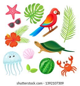 Parrot bird, fern leaves, crab and shell, jellyfish and watermelon, sunglasses and starfish. Summer elements or tropical objects isolated on white vector