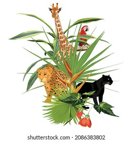 Parrot bird, giraffe, leopard animals, tropical flowers, palm leaves, jungle leaf composition. Exotic plants botanical illustration isolated on white background.