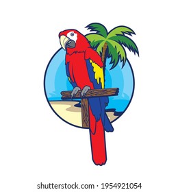 Parrot bird and palm tree vector with beach view, perfect sticker, t shirt and all  type merchandise design