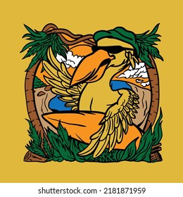 parrot bird surfing in a beach vector illustration character cartoon